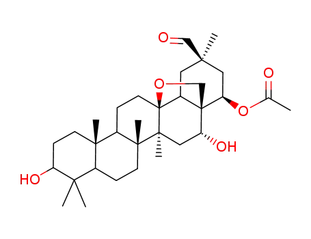 Molecular Structure of 94450-45-0 (Oleanan-29-al,22-(acetyloxy)-13,28-epoxy-3,16-dihydroxy-, (3b,16a,20b,22b)- (9CI))