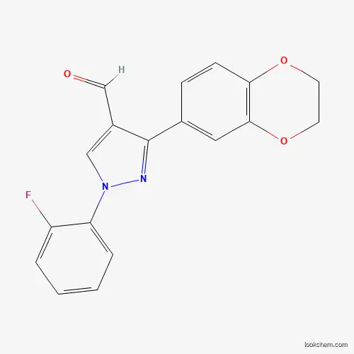 Molecular Structure of 618101-80-7 (1-(2-Fluorophenyl)-3-(2,3-dihydrobenzo[B][1,4]dioxin-6-YL)-1H-pyrazole-4-carbaldehyde)