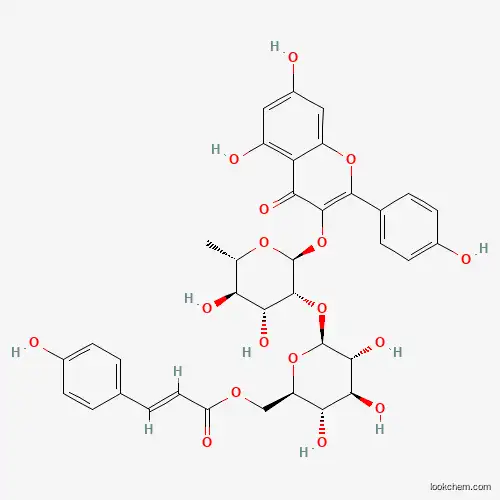 Molecular Structure of 111957-48-3 (Kaempferol-3-O-(6'''-trans-p-coumaroyl-2''-glucosyl)rhamnoside)