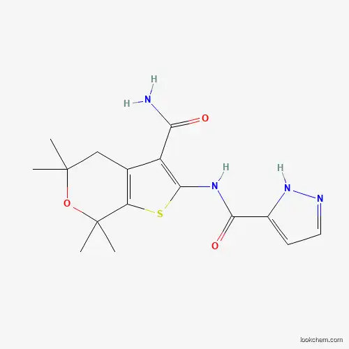 Molecular Structure of 1654725-02-6 (N-(3-carbamoyl-5,5,7,7-tetramethyl-4,7-dihydro-5H-thieno[2,3-c]pyran-2-yl)-1H-pyrazole-3-carboxamide)