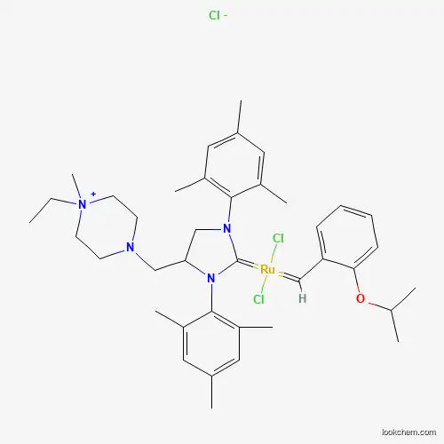 [1,3-Bis(2,4,6-trimethylphenyl)-4-[(4-ethyl-4-methylpiperazin-1-ium-1-yl)methyl]imidazolidin-2-ylidene]-(2-i-propoxybenzylidene)dichlororuthenium(II) chloride AquaMet