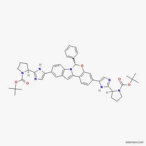 Molecular Structure of 1369595-05-0 (Tert-butyl (2S)-2-[5-[(6S)-3-[2-[(2S)-1-[(2-methylpropan-2-yl)oxycarbonyl]pyrrolidin-2-yl]-1H-imidazol-5-yl]-6-phenyl-6H-indolo[1,2-c][1,3]benzoxazin-10-yl]-1H-imidazol-2-yl]pyrrolidine-1-carboxylate)