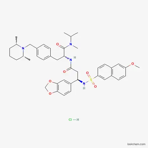 Molecular Structure of 464930-42-5 ((2R)-2-(((3R)-3-(1,3-Benzodioxol-5-yl)-3-(((6-methoxy-2-naphthyl)sulfonyl)amino)propanoyl)amino)-3-(4-(((2R,6S)-2,6-dimethylpiperidinyl)methyl)phenyl)-N-isopropyl-N-methylpropanamide hydrochloride)