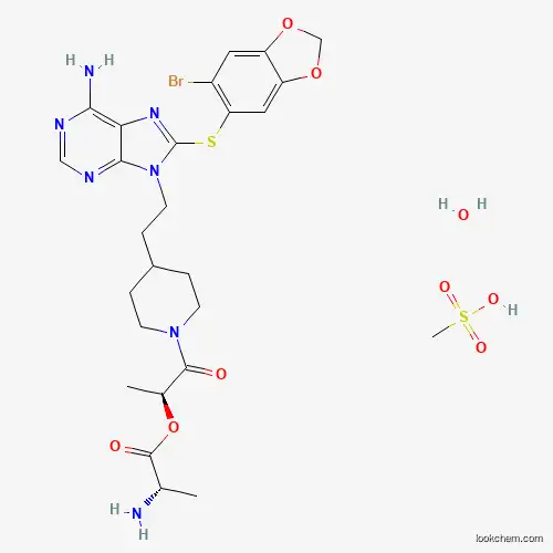 Molecular Structure of 1310540-32-9 (L-Alanine, (1S)-2-(4-(2-(6-amino-8-((6-bromo-1,3-benzodioxol-5-yl)thio)-9H-purin-9-yl)ethyl)-1-piperidinyl)-1-methyl-2-oxoethyl ester methanesulfonate, hydrate)