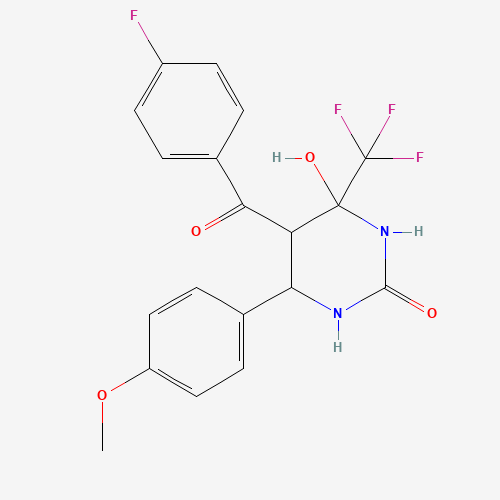 Molecular Structure of 1005068-68-7 (5-(4-fluorobenzoyl)-4-hydroxy-6-(4-methoxyphenyl)-4-(trifluoromethyl)tetrahydro-2(1H)-pyrimidinone)