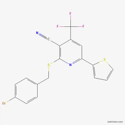 Molecular Structure of 332110-04-0 (2-(4-Bromo-benzylsulfanyl)-6-thiophen-2-yl-4-trifluoromethyl-nicotinonitrile)