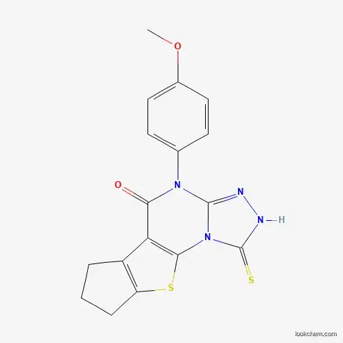 Molecular Structure of 374084-38-5 (1-Mercapto-4-(4-methoxy-phenyl)-7,8-dihydro-4H,6H-9-thia-2,3,4,9b-tetraaza-cyclopenta[b]-as-indace n-5-one)