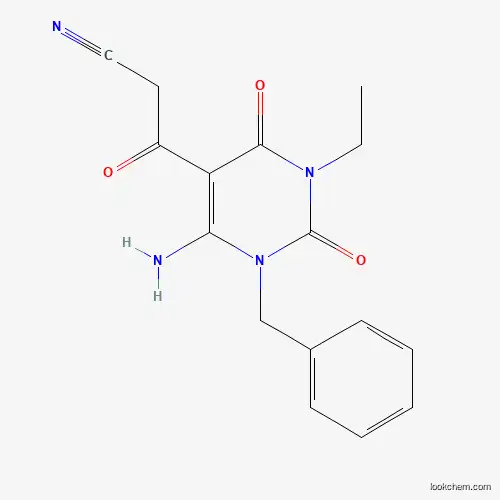 Molecular Structure of 571149-75-2 (3-(6-Amino-1-benzyl-3-ethyl-2,4-dioxo-1,2,3,4-tetrahydropyrimidin-5-yl)-3-oxopropanenitrile)