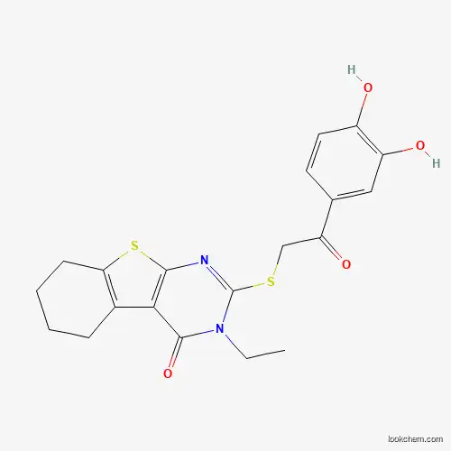 Molecular Structure of 573694-85-6 (2-{[2-(3,4-dihydroxyphenyl)-2-oxoethyl]sulfanyl}-3-ethyl-5,6,7,8-tetrahydro[1]benzothieno[2,3-d]pyrimidin-4(3H)-one)