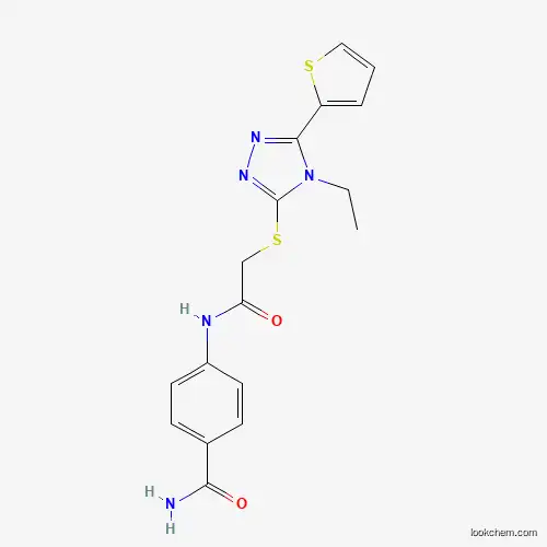 Molecular Structure of 573695-37-1 (4-(2-{[4-ethyl-5-(thiophen-2-yl)-4H-1,2,4-triazol-3-yl]sulfanyl}acetamido)benzamide)