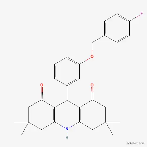 Molecular Structure of 442652-38-2 (9-{3-[(4-fluorobenzyl)oxy]phenyl}-3,3,6,6-tetramethyl-3,4,6,7,9,10-hexahydroacridine-1,8(2H,5H)-dione)