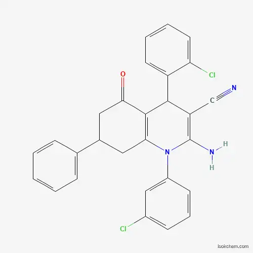 Molecular Structure of 444927-67-7 (2-Amino-4-(2-chlorophenyl)-1-(3-chlorophenyl)-5-oxo-7-phenyl-1,4,5,6,7,8-hexahydroquinoline-3-carbonitrile)