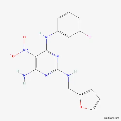 Molecular Structure of 573695-22-4 (4-N-(3-fluorophenyl)-2-N-(furan-2-ylmethyl)-5-nitropyrimidine-2,4,6-triamine)