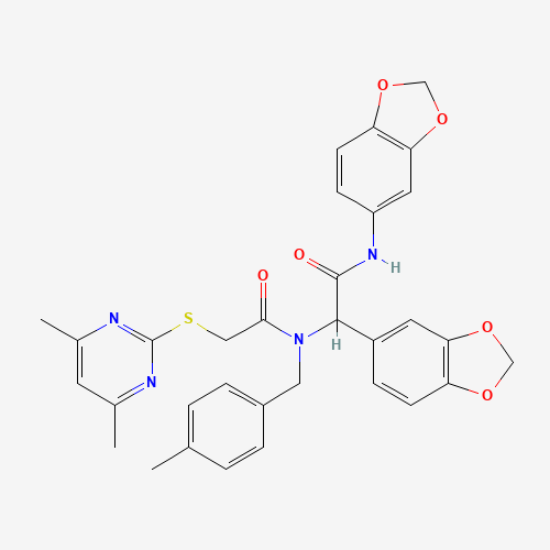 Molecular Structure of 1040848-07-4 (N-1,3-Benzodioxol-5-yl-alpha-[[2-[(4,6-dimethyl-2-pyrimidinyl)thio]acetyl][(4-methylphenyl)methyl]amino]-1,3-benzodioxole-5-acetamide)