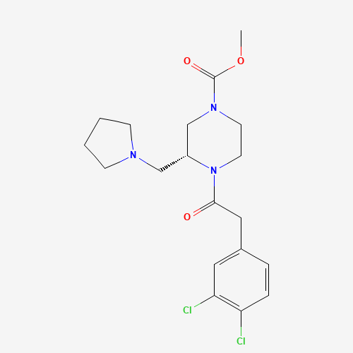 Molecular Structure of 126766-42-5 (1-Piperazinecarboxylic acid, 4-((3,4-dichlorophenyl)acetyl)-3-(1-pyrrolidinylmethyl)-, methyl ester, (3R)-)
