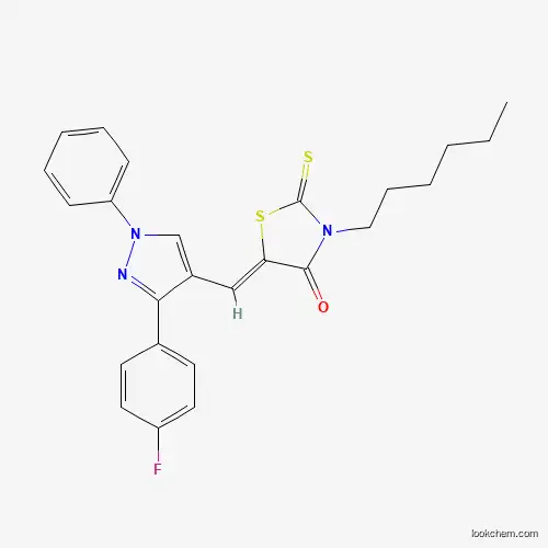 Molecular Structure of 957034-32-1 ((5Z)-5-{[3-(4-fluorophenyl)-1-phenyl-1H-pyrazol-4-yl]methylidene}-3-hexyl-2-thioxo-1,3-thiazolidin-4-one)
