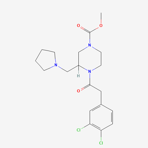 Molecular Structure of 126766-31-2 (Methyl 4-[2-(3,4-dichlorophenyl)acetyl]-3-(pyrrolidin-1-ylmethyl)piperazine-1-carboxylate)