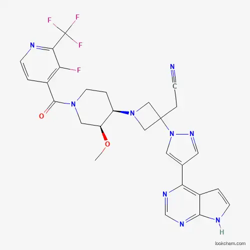 Molecular Structure of 1334302-64-5 (rel-1-[(3R,4S)-1-[[3-Fluoro-2-(trifluoromethyl)-4-pyridinyl]carbonyl]-3-methoxy-4-piperidinyl]-3-[4-(7H-pyrrolo[2,3-d]pyrimidin-4-yl)-1H-pyrazol-1-yl]-3-azetidineacetonitrile)