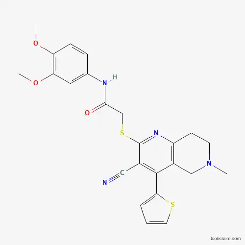 Molecular Structure of 496018-61-2 (2-[(3-cyano-6-methyl-4-thiophen-2-yl-7,8-dihydro-5H-1,6-naphthyridin-2-yl)sulfanyl]-N-(3,4-dimethoxyphenyl)acetamide)