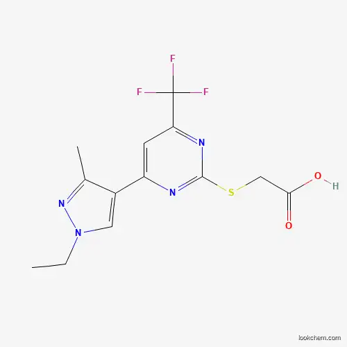 Molecular Structure of 1001560-16-2 (2-((4-(1-Ethyl-3-methyl-1H-pyrazol-4-yl)-6-(trifluoromethyl)pyrimidin-2-yl)thio)acetic acid)