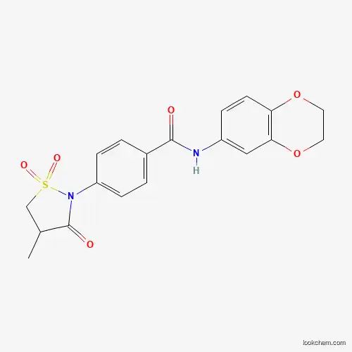Molecular Structure of 1011702-84-3 (N-(2,3-Dihydro-1,4-benzodioxin-6-yl)-4-(4-methyl-1,1-dioxido-3-oxo-2-isothiazolidinyl)benzamide)