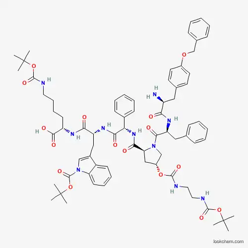 Molecular Structure of 842149-90-0 ((2S)-2-[[(2R)-2-[[(2S)-2-[[(2S,4R)-1-[(2S)-2-[[(2S)-2-amino-3-(4-phenylmethoxyphenyl)propanoyl]amino]-3-phenylpropanoyl]-4-[2-[(2-methylpropan-2-yl)oxycarbonylamino]ethylcarbamoyloxy]pyrrolidine-2-carbonyl]amino]-2-phenylacetyl]amino]-3-[1-[(2-methylpropan-2-yl)oxycarbonyl]indol-3-yl]propanoyl]amino]-6-[(2-methylpropan-2-yl)oxycarbonylamino]hexanoic acid)