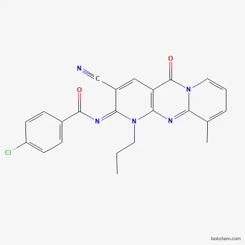 Molecular Structure of 845634-52-8 (4-chloro-N-(3-cyano-10-methyl-5-oxo-1-propyl-1,5-dihydro-2H-dipyrido[1,2-a:2,3-d]pyrimidin-2-ylidene)benzamide)