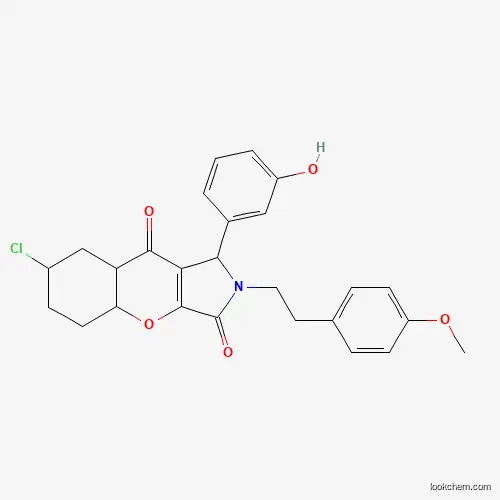 Molecular Structure of 847365-81-5 (7-Chloro-1-(3-hydroxyphenyl)-2-[2-(4-methoxyphenyl)ethyl]-1,2-dihydrochromeno[2,3-c]pyrrole-3,9-dione)