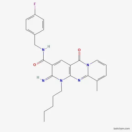 Molecular Structure of 877778-47-7 (N-[(4-Fluorophenyl)methyl]-6-imino-11-methyl-2-oxo-7-pentyl-1,7,9-triazatricyclo[8.4.0.03,8]tetradeca-3(8),4,9,11,13-pentaene-5-carboxamide)