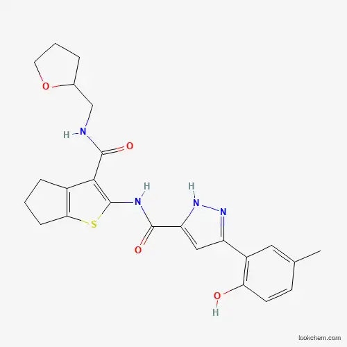 Molecular Structure of 879460-75-0 (5-(2-hydroxy-5-methylphenyl)-N-{3-[(tetrahydrofuran-2-ylmethyl)carbamoyl]-5,6-dihydro-4H-cyclopenta[b]thiophen-2-yl}-1H-pyrazole-3-carboxamide)