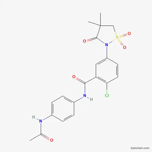 Molecular Structure of 919675-87-9 (N-[4-(acetylamino)phenyl]-2-chloro-5-(4,4-dimethyl-1,1-dioxido-3-oxo-1,2-thiazolidin-2-yl)benzamide)