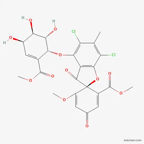 Molecular Structure of 196615-89-1 (Spiro[benzofuran-2(3H),1'-[2,5]cyclohexadiene]-2'-carboxylic acid, 5,7-dichloro-6'-methoxy-6-methyl-3,4'-dioxo-4-[[(1R,4R,5R,6S)-4,5,6-trihydroxy-2-(methoxycarbonyl)-2-cyclohexen-1-yl]oxy]-, methyl ester, (1'S)-rel-(+)-)