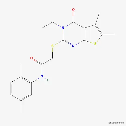 Molecular Structure of 577763-65-6 (N-(2,5-Dimethylphenyl)-2-((3-ethyl-5,6-dimethyl-4-oxo-3,4-dihydrothieno[2,3-d]pyrimidin-2-yl)thio)acetamide)