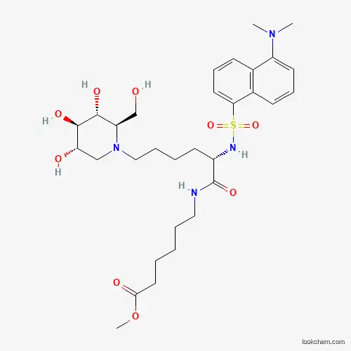 Molecular Structure of 950693-07-9 (Methyl 6-[[(2S)-2-[[[5-(dimethylamino)-1-naphthalenyl]sulfonyl]amino]-1-oxo-6-[(2R,3R,4R,5S)-3,4,5-trihydroxy-2-(hydroxymethyl)-1-piperidinyl]hexyl]amino]hexanoate)