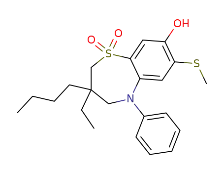 Molecular Structure of 358376-02-0 (1,5-Benzothiazepin-8-ol,
3-butyl-3-ethyl-2,3,4,5-tetrahydro-7-(methylthio)-5-phenyl-, 1,1-dioxide)