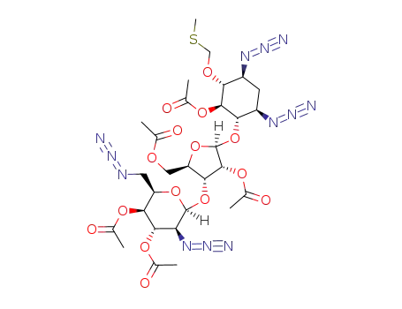 Acetic acid (2R,3R,4R,5R)-2-((1S,2R,3R,4S,6R)-2-acetoxy-4,6-diazido-3-methylsulfanylmethoxy-cyclohexyloxy)-5-acetoxymethyl-4-((2S,3S,4S,5S,6R)-4,5-diacetoxy-3-azido-6-azidomethyl-tetrahydro-pyran-2-yloxy)-tetrahydro-furan-3-yl ester