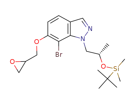 Molecular Structure of 478132-37-5 (1H-Indazole,
7-bromo-1-[(2S)-2-[[(1,1-dimethylethyl)dimethylsilyl]oxy]propyl]-6-(oxiran
ylmethoxy)-)