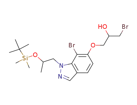 Molecular Structure of 478132-28-4 (2-Propanol,
1-bromo-3-[[7-bromo-1-[2-[[(1,1-dimethylethyl)dimethylsilyl]oxy]propyl]-1
H-indazol-6-yl]oxy]-)