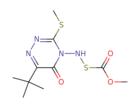 Molecular Structure of 103451-19-0 (1,2,4-Triazin-5(4H)-one,
6-(1,1-dimethylethyl)-4-[[(methoxycarbonyl)thio]amino]-3-(methylthio)-)