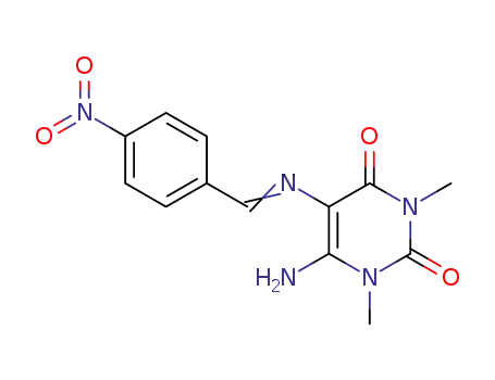 Molecular Structure of 76473-17-1 (2,4(1H,3H)-Pyrimidinedione,
6-amino-1,3-dimethyl-5-[[(4-nitrophenyl)methylene]amino]-)