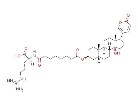 Molecular Structure of 35455-33-5 (3β-[[8-[[(S)-4-[(Aminoiminomethyl)amino]-1-carboxybutyl]amino]-1,8-dioxooctyl]oxy]-14-hydroxy-5β-bufa-20,22-dienolide)