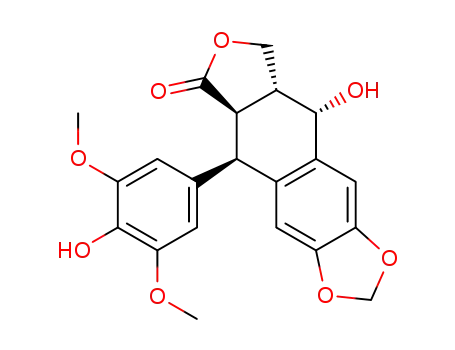 Molecular Structure of 6559-91-7 (Furo[3',4':6,7]naphtho[2,3-d]-1,3-dioxol-6(5aH)-one,5,8,8a,9-tetrahydro-9-hydroxy-5-(4-hydroxy-3,5-dimethoxyphenyl)-,(5R,5aR,8aR,9S)-)