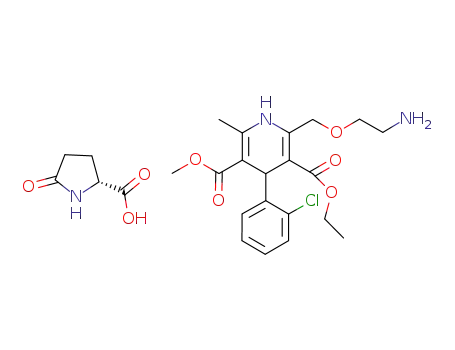 Molecular Structure of 663180-18-5 (D-Proline, 5-oxo-, compd. with 3-ethyl 5-methyl
2-[(2-aminoethoxy)methyl]-4-(2-chlorophenyl)-1,4-dihydro-6-methyl-3,5-
pyridinedicarboxylate (1:1))