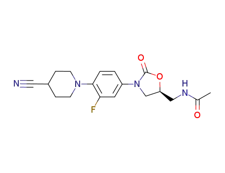 Molecular Structure of 928160-67-2 (Acetamide,
N-[[(5S)-3-[4-(4-cyano-1-piperidinyl)-3-fluorophenyl]-2-oxo-5-oxazolidin
yl]methyl]-)