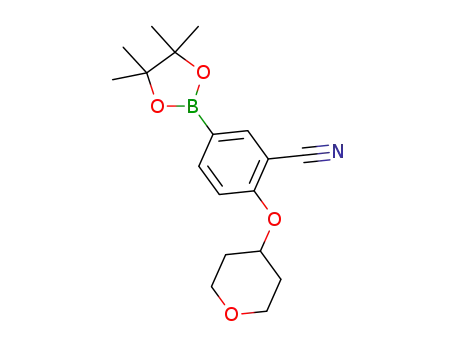 Molecular Structure of 1292317-54-4 (2-(tetrahydro-2H-pyran-4-yloxy)-5-(4,4,5,5-tetraMethyl-1,3,2-dioxaborolan-2-yl)benzonitrile)