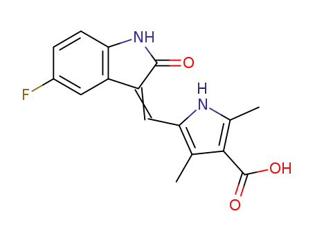 Molecular Structure of 452105-33-8 (5-(5-Fluoro-2-oxo-1,2-dihydro-indol-3-ylidenemethyl)-2,4-dimethyl-1H-pyrrole-3-carboxylic Acid)