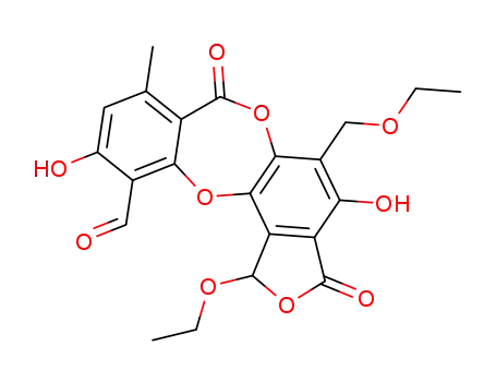 Molecular Structure of 93078-73-0 (7H-Isobenzofuro[4,5-b][1,4]benzodioxepin-11- carboxaldehyde,1-ethoxy-5-(ethoxymethyl)-1,- 3-dihydro-4,10-dihydroxy-8-methyl-3,7- dioxo- )
