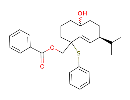 Molecular Structure of 105897-91-4 (2-Cyclodecene-1-methanol, 7-hydroxy-4-(1-methylethyl)-1-(phenylthio)-,
a-benzoate)