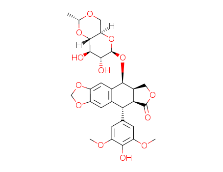 Molecular Structure of 100007-56-5 (Furo[3',4':6,7]naphtho[2,3-d]-1,3-dioxol-6(5aH)-one,9-[[4,6-O-(1R)-ethylidene-b-D-glucopyranosyl]oxy]-5,8,8a,9-tetrahydro-5-(4-hydroxy-3,5-dimethoxyphenyl)-,(5R,5aS,8aR,9S)-)