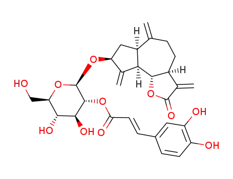 Molecular Structure of 93236-48-7 (Azuleno[4,5-b]furan-2(3H)-one,decahydro-8- [[2-O-[(2E)-3-(3,4-dihydroxyphenyl)-1-oxo- 2-propenyl]-&acirc;-D-glucopyranosyl]oxy]-3,6,9- tris(methylene)-,(3aS,6aR,8S,9aR,9bS)- )